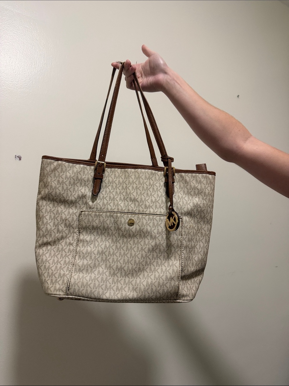 Michael Kors Cream Tote with Brown Leather Trim